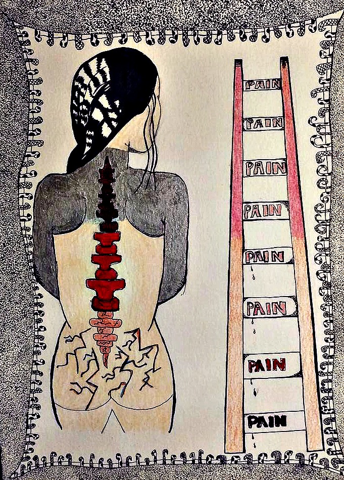 Grey ink with nude flesh colour, black hair and red spine. See back of figure with the red spine, shoulders and arms grey, zig zags on the figure's bottom. Ladder to right, each step has word PAIN, beige at bottom of ladder, red halfway up to top